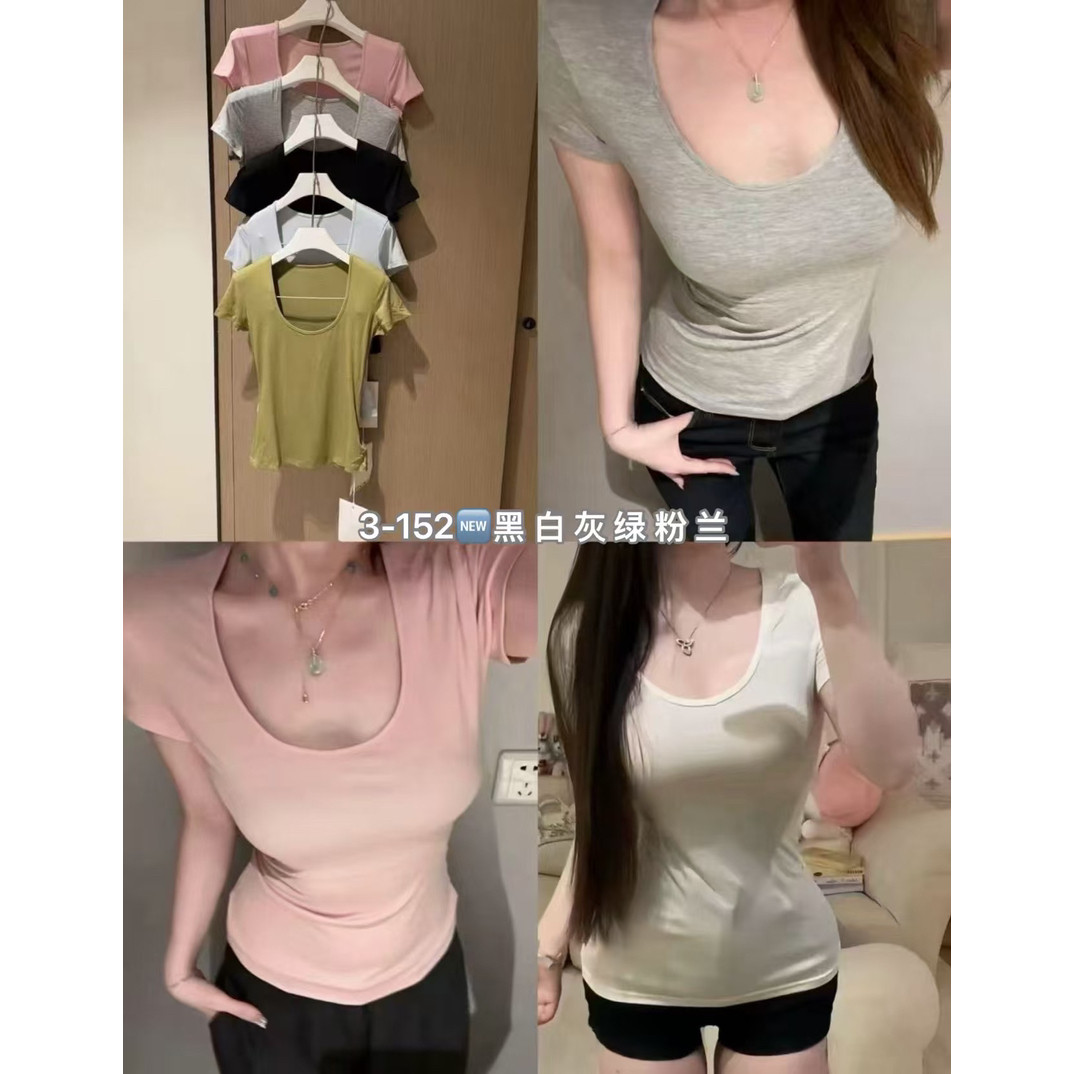 WH JIA夏季韩版时髦糖果色U领弹力收腰短袖T恤女百搭显瘦休闲上衣