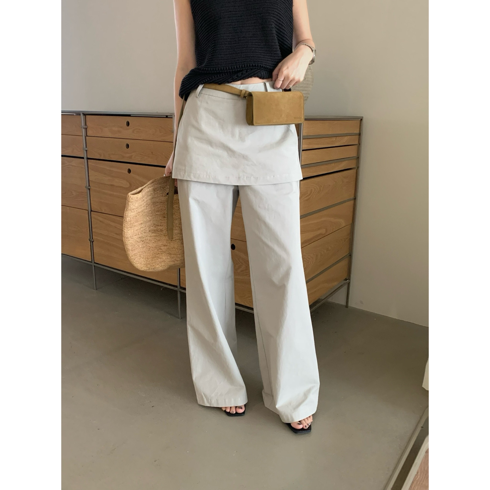 TE夏季韩版拼接屁帘净版假两件阔腿休闲裤女百搭高腰显瘦长裤子潮