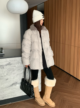 TE冬季韩版拼接翻领收腰长袖90白鸭绒羽绒服百搭厚款保暖中长外套