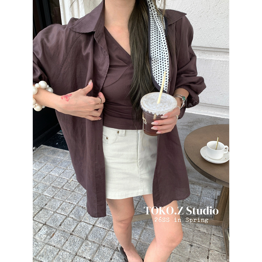 TOKO.Z夏季韩版糖果色慵懒风宽松长袖衬衫女后背系带百搭开衫外套