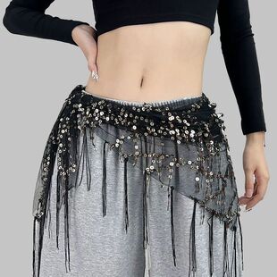 2025爵士街舞屁帘三角臀巾女童叠穿高级流苏蕾丝亮片跳肚皮舞腰饰