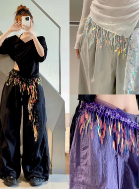 爵士舞屁帘百搭腰搭亮片流苏臀巾jzza街舞嘻哈hiphop三角腰带配饰