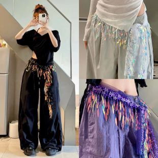 爵士舞屁帘百搭腰搭亮片流苏臀巾jzza街舞嘻哈hiphop三角腰带配饰