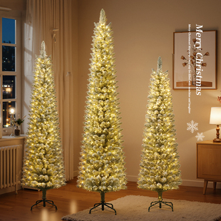 新款圣诞植绒树铅笔树商场橱窗落雪加密圣诞树英伦风发光装饰树