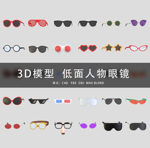 G383-C4D/MAYA/3DMAX三维模型 低面IP人物时尚眼镜集合3D模型素材