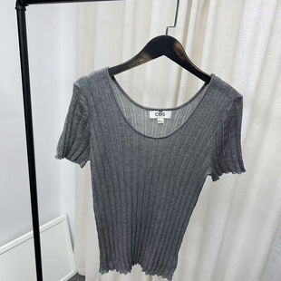极简风 针织衫 设计感圆领时尚 短袖 上衣女 百搭坑条薄款 北欧C