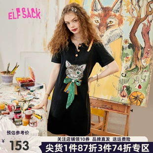口袋猫咪印花t恤连衣裙女2022夏季 新款 黑色polo领裙子 妖精