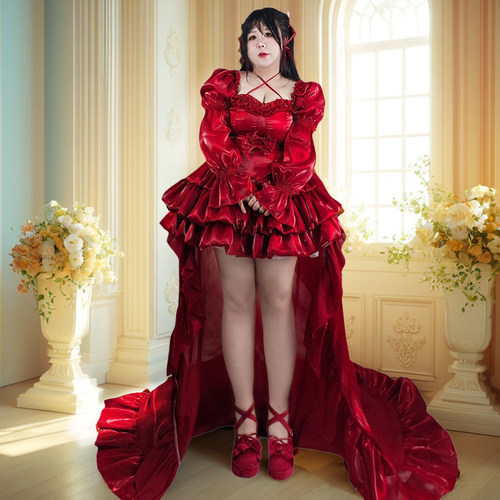 大码200斤无人区玫瑰酒红色大拖尾显白小礼裙亮晶晶高级绸缎质感