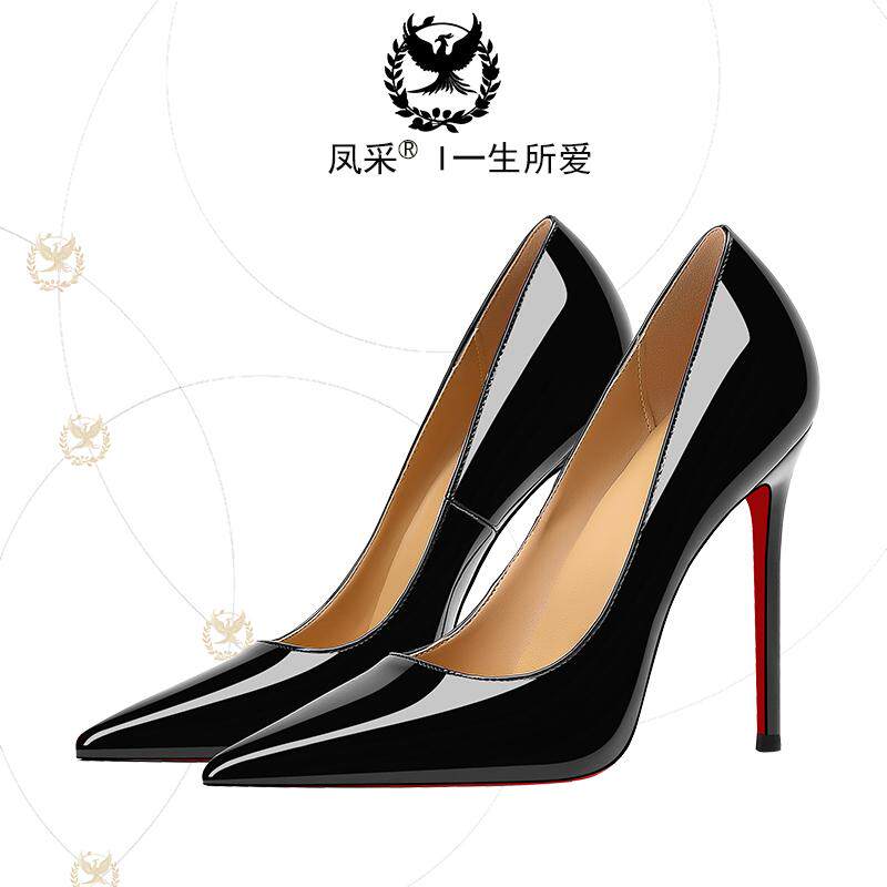 凤采25年新款黑色软漆皮红底超高跟鞋女尖头细跟浅口性感宴会单鞋
