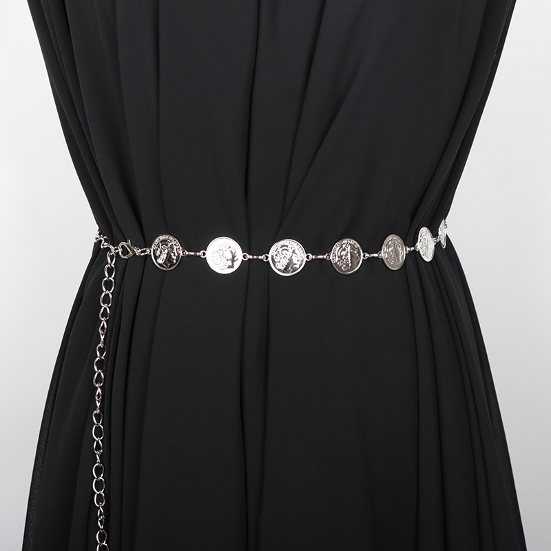 欧美复古头像金属链条女士腰链流苏腰带女装百搭时尚金色裙带腰带