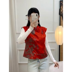 新中式国风斜襟盘扣立领马甲女2025冬季新款时尚减龄提花坎肩上衣