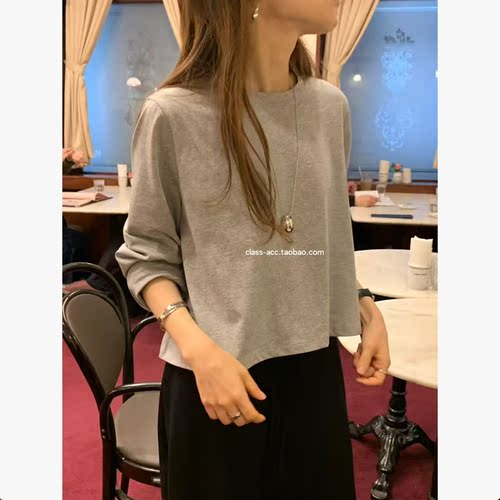 class韩国直邮1040124 OUNCE 韩代2026  短款纯棉长袖T
