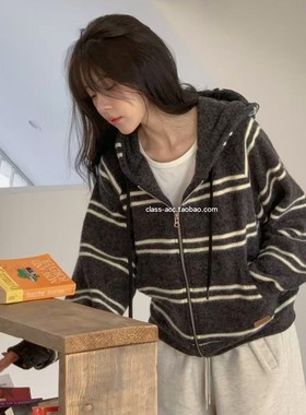 class韩国直邮120414 TIZZI 韩代2025款  条纹连帽毛衣开衫