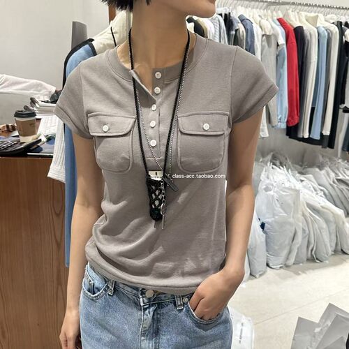 class韩国直邮030925 Tempting 韩代2026  设计款小口袋纽扣短袖T