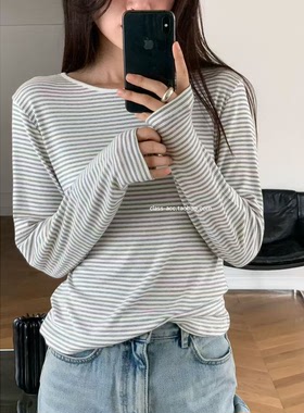 韩现class韩国直邮110201 JINSIM 韩代2025款  Q弹圆领条纹T