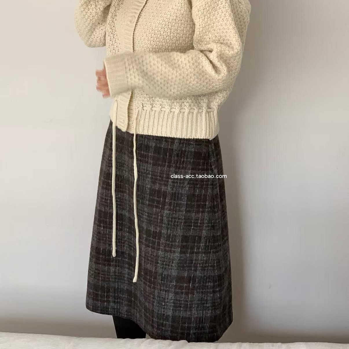 class韩国直邮110906 cream 韩代2025款  秋冬羊毛毛呢格子半裙