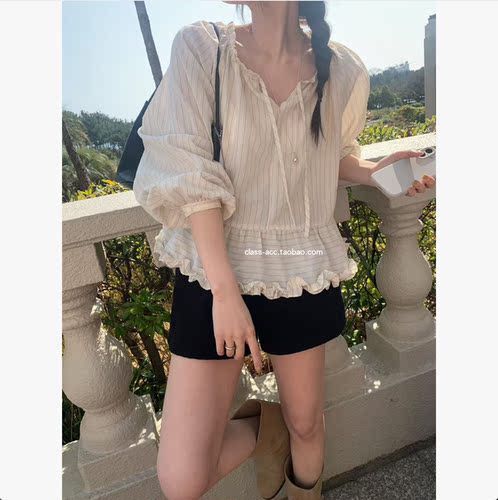 class韩国直邮1032718 mellounge 韩代2026款  小花边条纹衬衫