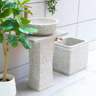 户外石头洗手盆落地庭院水池台盆一体户外石材水槽花园立柱洗手池