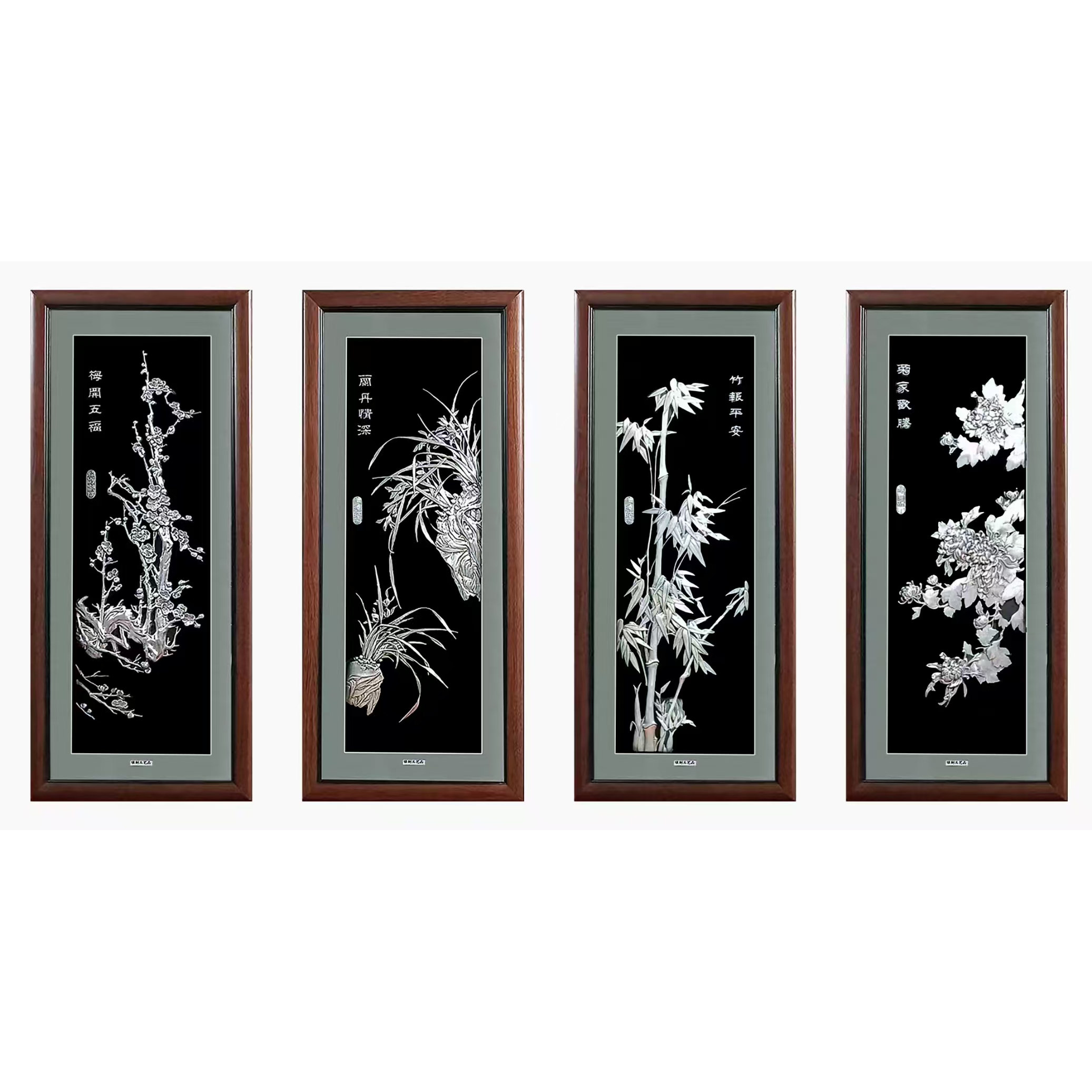 梅兰竹菊银画纯银 客厅餐厅沙发背景墙装饰画挂画四联壁画银版画