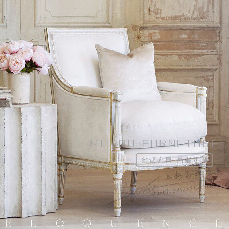 美式乡村实木沙发椅法式复古老虎椅做旧布艺休闲椅实木雕花沙发