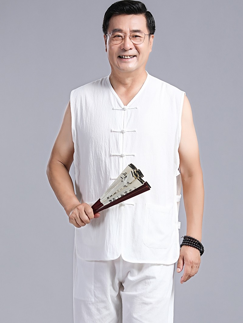 SUMMER COTTON AND LINEN MIDDLE-AGED AND ELDERLY PLUS SIZE TANG COSTUME MENS HOLLOW VEST SUIT RETRO DAD HANFU VEST SHOULDER TEA SUIT