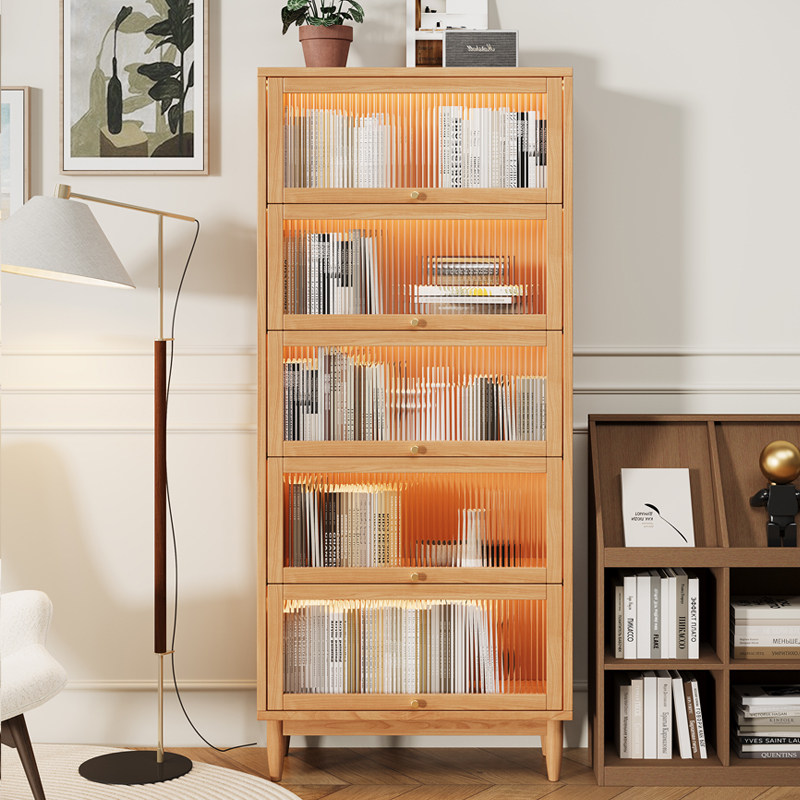 美式实木书柜防尘带玻璃门靠墙落地书架儿童客厅立柜置物架展示柜