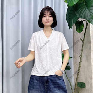 8909夏季冰丝提花面料新中式T恤V领短袖小衫休闲显瘦气质百搭