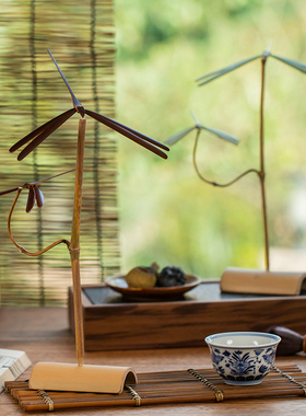 【掬涵】平衡竹蜻蜓茶道中式摆件怀旧工艺品茶室复古风装饰品礼物
