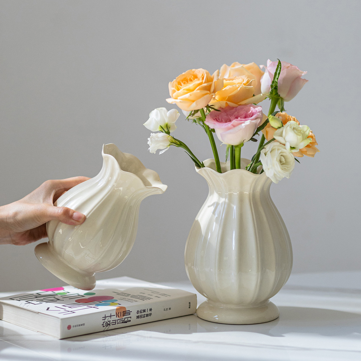 掬涵奶油风法式陶瓷花瓶摆件白色简约轻奢高级感客厅桌面插花装饰,家居饰品,花瓶,淘宝优惠券,粉丝福利购,淘宝优惠卷