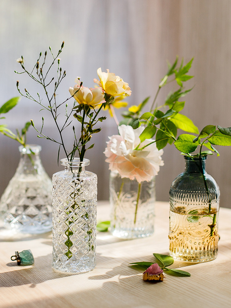 掬涵小口迷你花瓶复古玻璃欧式办公室花器香薰瓶干花插花水培客厅