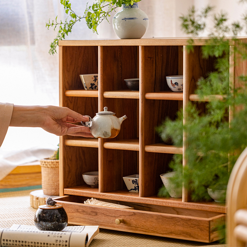 掬涵日式茶具柜置物搁架樱桃木