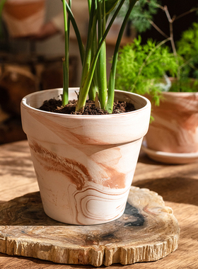 掬涵焦糖玛奇朵花盆粗陶透气吸水粗陶盆高档陶土盆带托盘红陶花盆