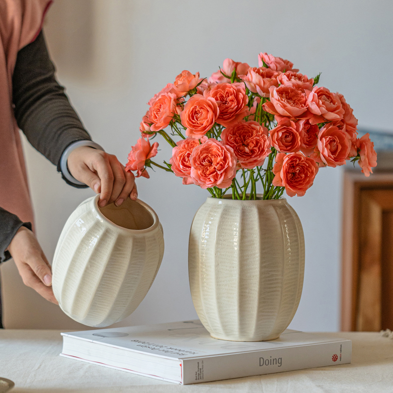 掬涵法式奶油风陶瓷花瓶轻奢高级感陶罐白色简约客厅插花装饰摆件