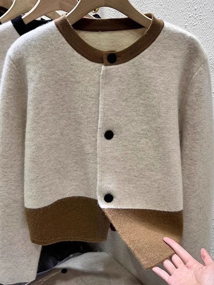 เสื้อคาร์ดิแกนถักนุ่ม สไตล์เฉพาะตัว ดีไซน์คลาสสิก ลายบล็อกสี สำหรับผู้หญิง ฤดูใบไม้ร่วงปี 2026 เสื้อแจ็กเก็ตถักแขนสั้น คอกลม แบบใหม่