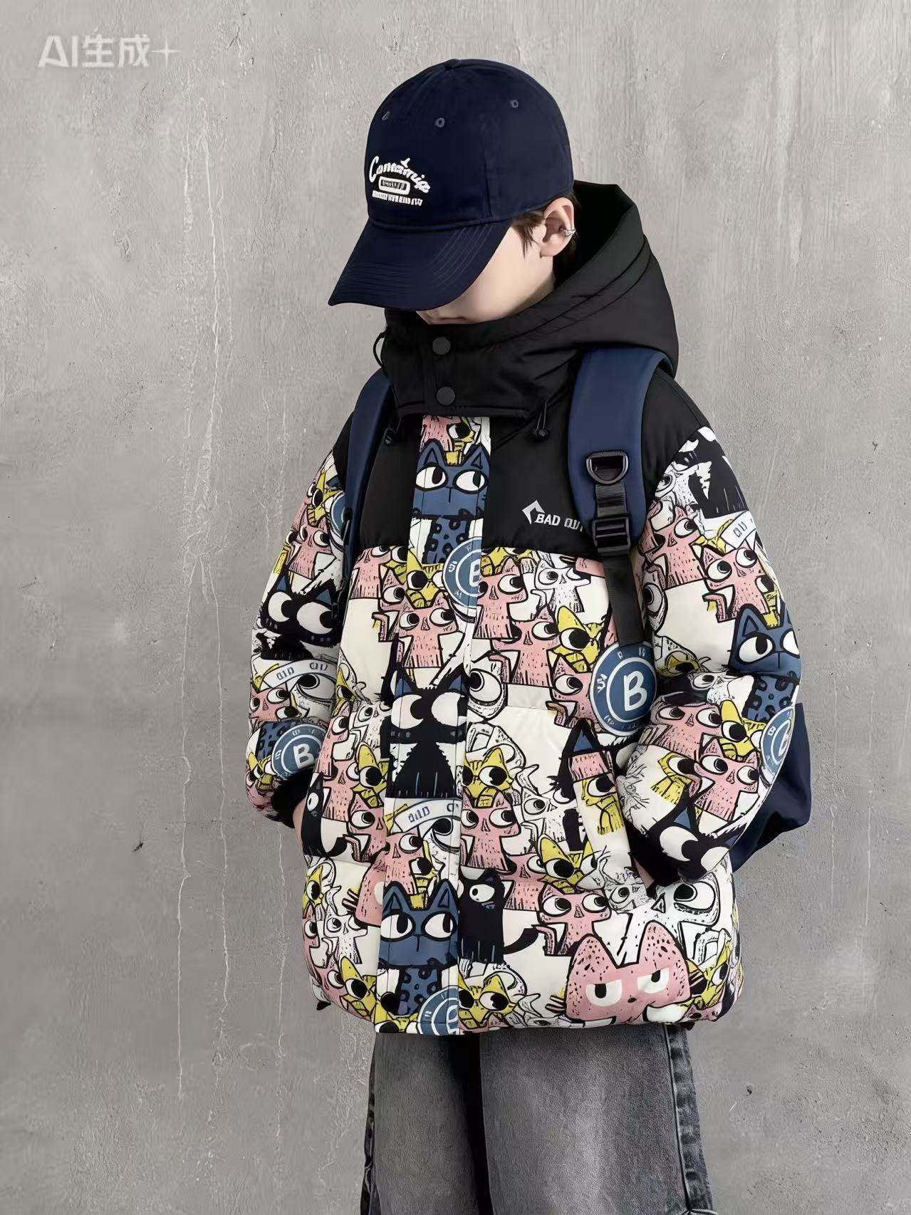 男女童冬季拼接小熊满印棉服新款儿童棉服冬装中大童加厚三防外套