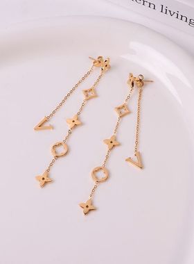 钛钢耳饰 韩国镀18K金花朵耳钉女轻奢设计感流苏耳环精致时尚耳链