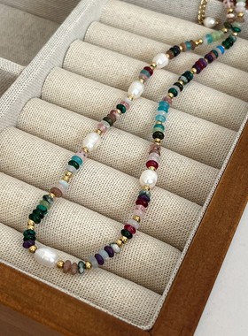 钛钢项链 天然石彩色串珠石头项链女高级精致锁骨链淡水珍珠颈链