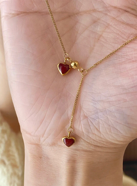 钛钢项链 安哥拉红色爱心流苏项链女小众百搭气质锁骨链不褪色