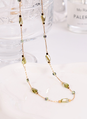 钛钢项链 新中式爆闪绿色串珠小方糖项链女精致小众气质锁骨链