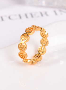 铜合金戒指 铜钱戒指女小众设计招财钱币指环轻奢高级感手饰品