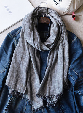 灰色棉麻围巾男冬季百搭浅灰米白色长款年轻人纯色围脖简约情侣款