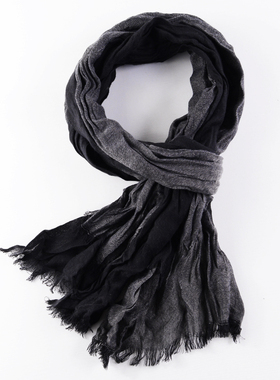 罕见日单限量版！棉麻双面不同花色双层拼接深蓝灰色条纹围巾男女