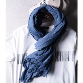 日系藏蓝色围巾男士 年轻人百搭个性 褶皱毛边深蓝色牛仔蓝棉麻
