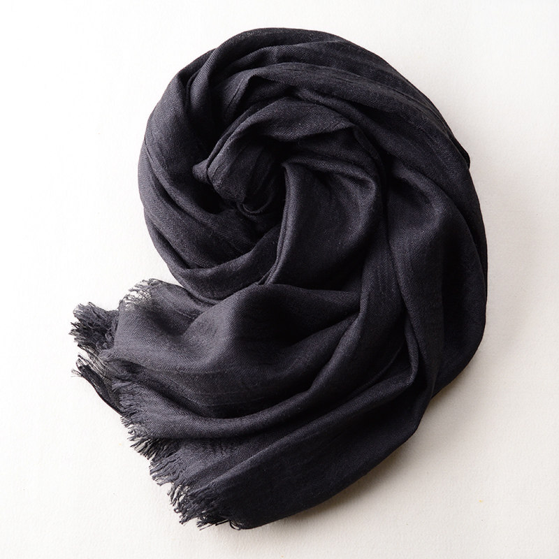 男士薄款黑色围巾春夏季文艺素色百搭丝巾年轻人深灰蓝色围巾棉麻