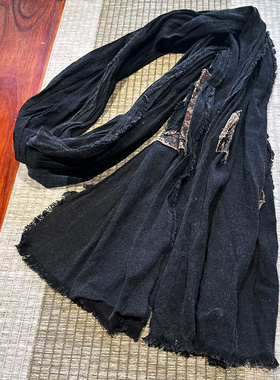 2025春秋纯棉围巾女高级感搭配装饰休闲棉麻围巾休闲补丁黑灰色