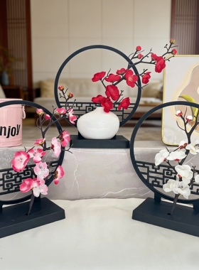 新中式小屏风摆件 黑屏风仿真腊梅家居迷你花瓶玄关盆栽摆件