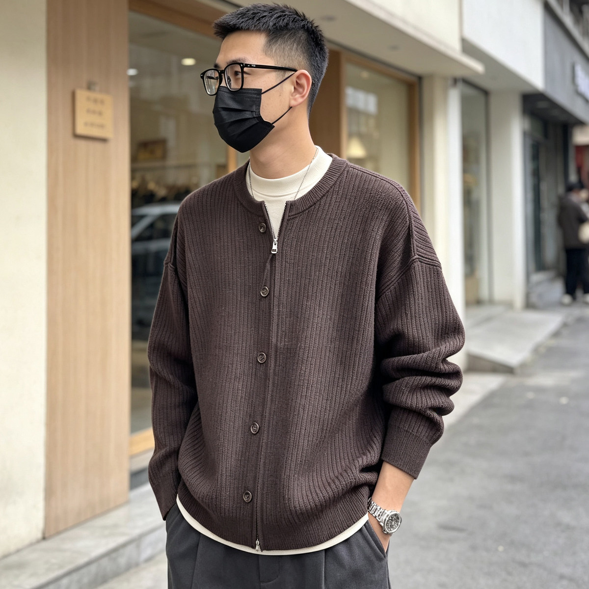 日系极简圆领锦纶纽扣针织开衫