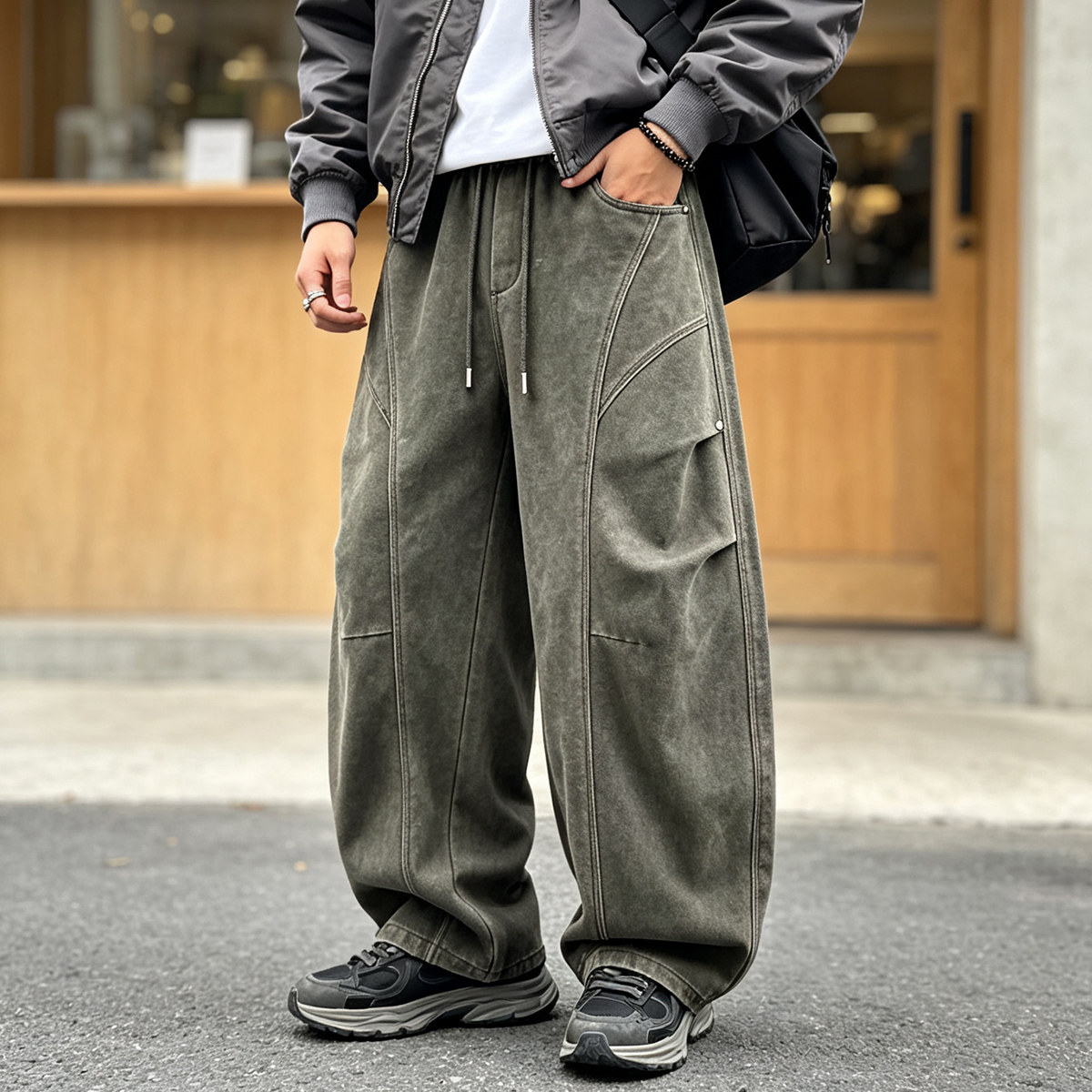 美式工装风男宽松军绿多口袋阔腿