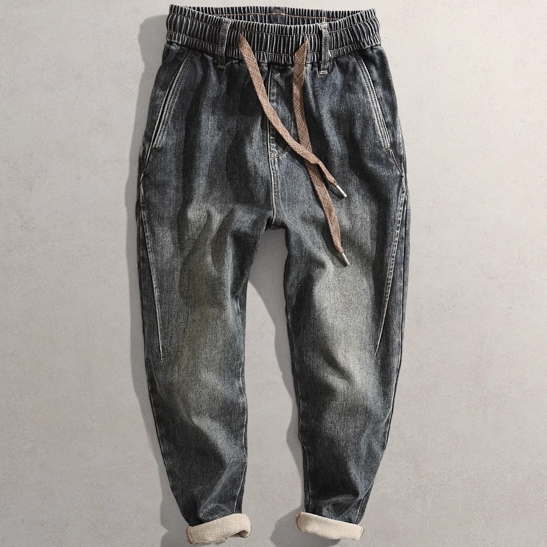 2025秋冬新男装弹力萝卜裤1250复古老爹裤CG休闲松紧底抓毛牛仔裤