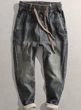 2025秋冬新男装弹力萝卜裤1250复古老爹裤CG休闲松紧底抓毛牛仔裤